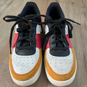 Colorful Nike Air Force 1 shoes with Red, Orange suede, Blue Accents